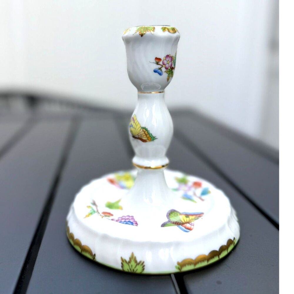 Herend Queen Victoria Green Border Floral Butterfly Single Candlestick SZ 6" VBO